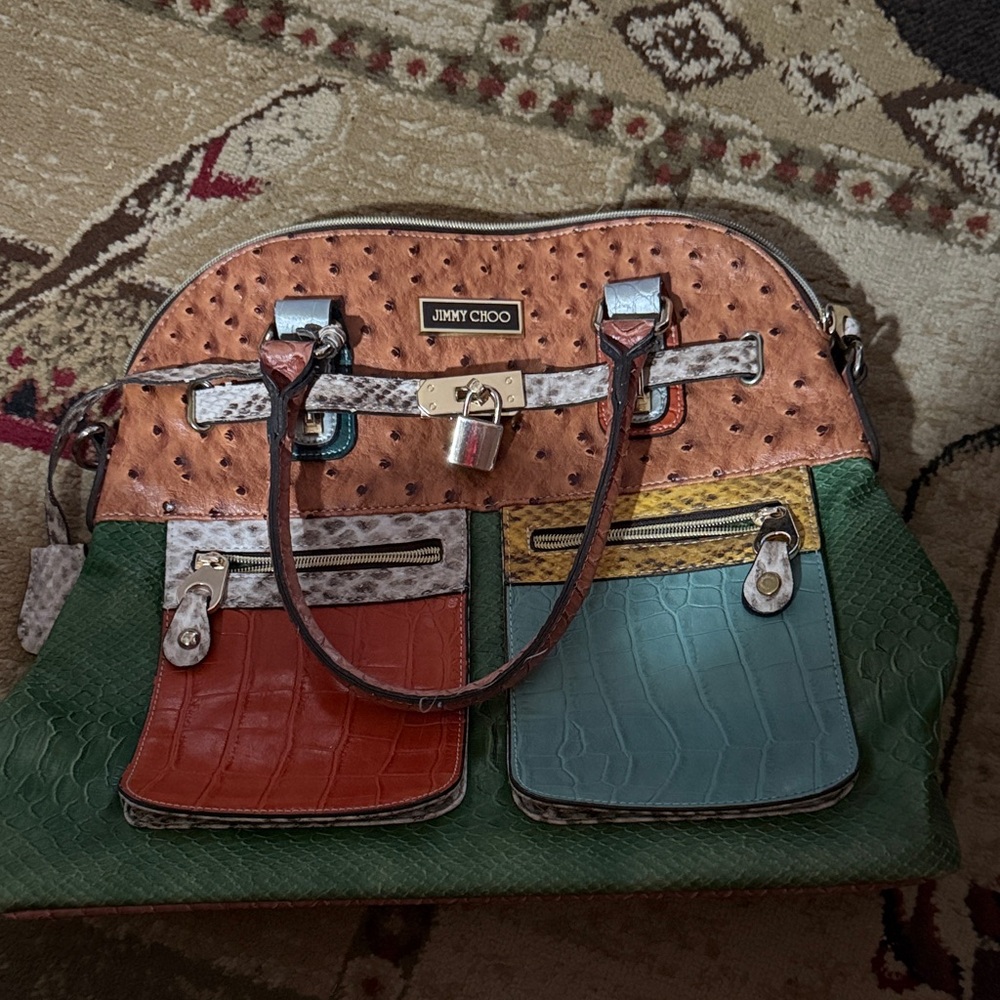 Jimmy Choo Multicolor Patchwork Satchel - Green, Teal, Orange, Tan